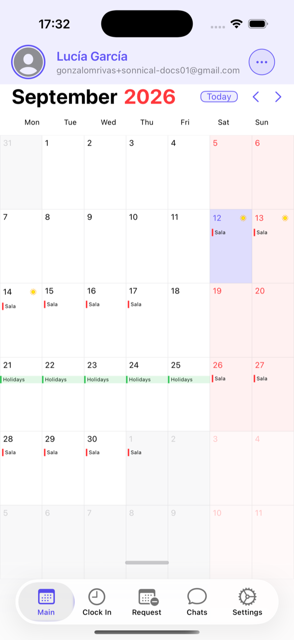 An employee's calendar with their upcoming shifts in Sonnical