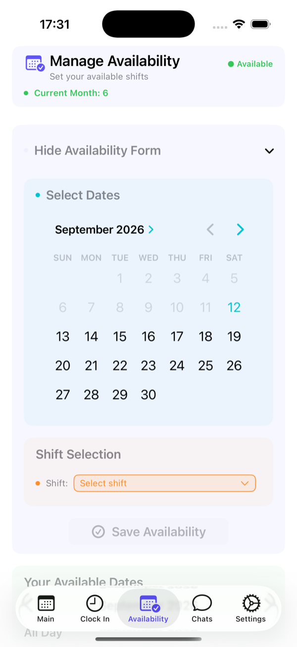 Add availability: dates and shift (or all day).