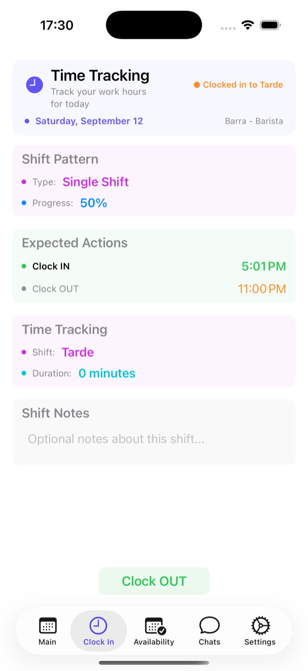 Clock-in screen in Sonnical next to the planned shift
