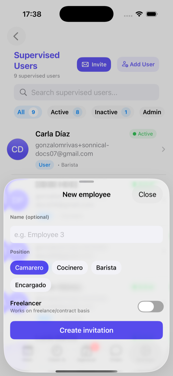Invite: optional name, position and freelance flag.