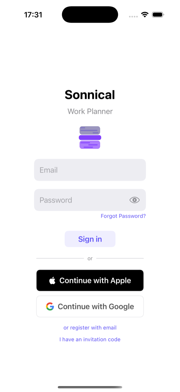 Sign-in screen: email and password, Apple, Google or invitation code.