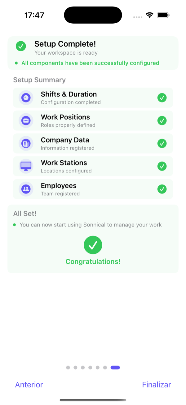 End of the wizard: you can start using Sonnical.