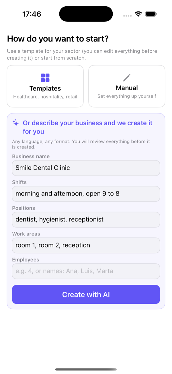 Write in your own words: name, shifts, positions, areas and employees.