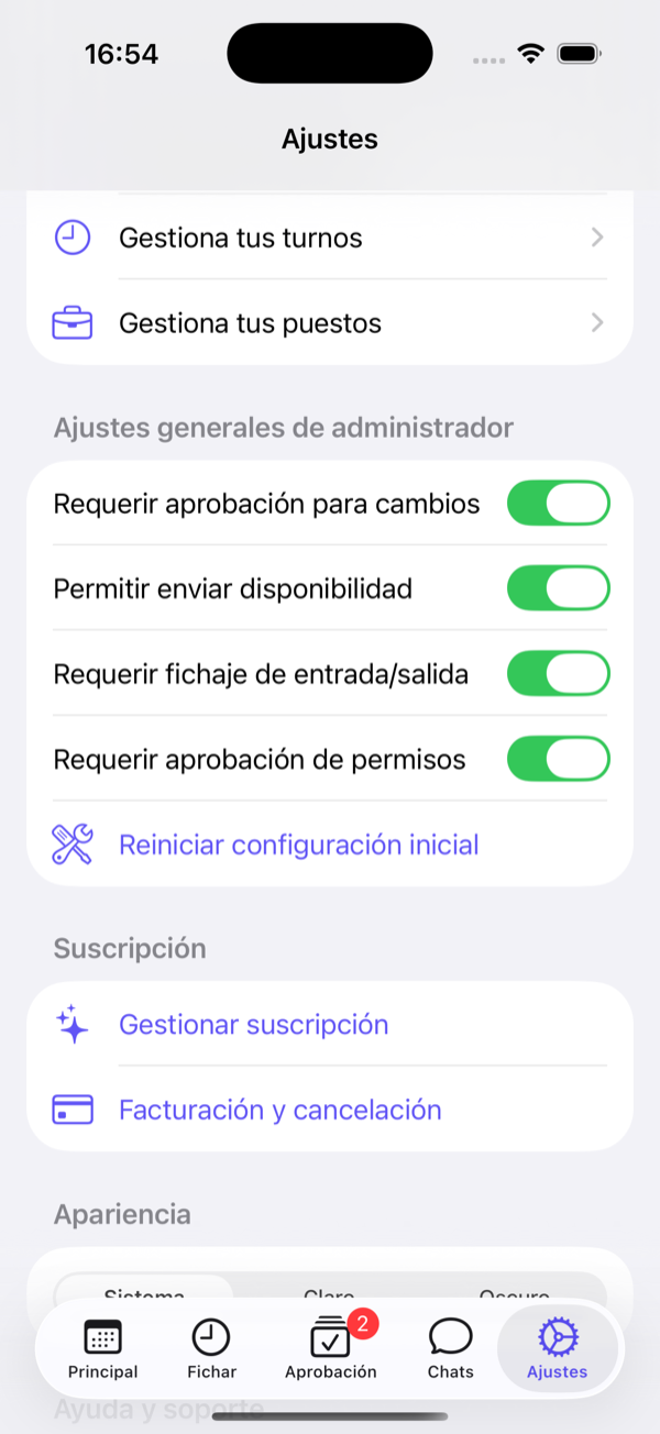 Ajustes generales: aprobaciones, disponibilidad, fichaje y suscripción.