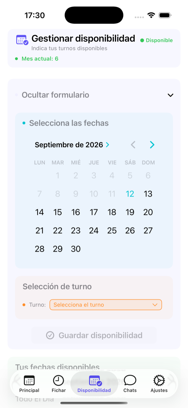 Añadir disponibilidad: fechas y turno (o todo el día).