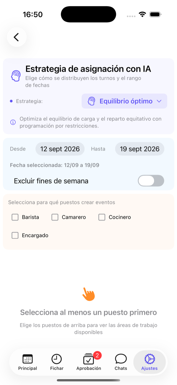 Estrategia, rango de fechas y puestos.