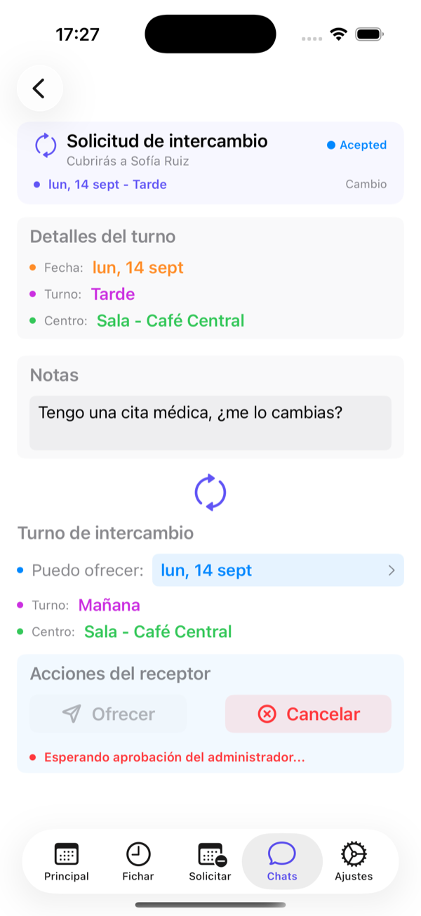 Detalle de un cambio: tu turno, el turno ofrecido y las acciones.