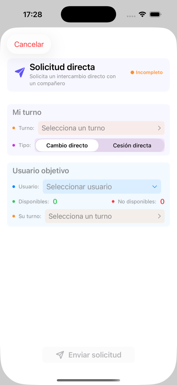 Solicitud directa: tu turno, tipo y compañero. Se indica quién está disponible ese día.