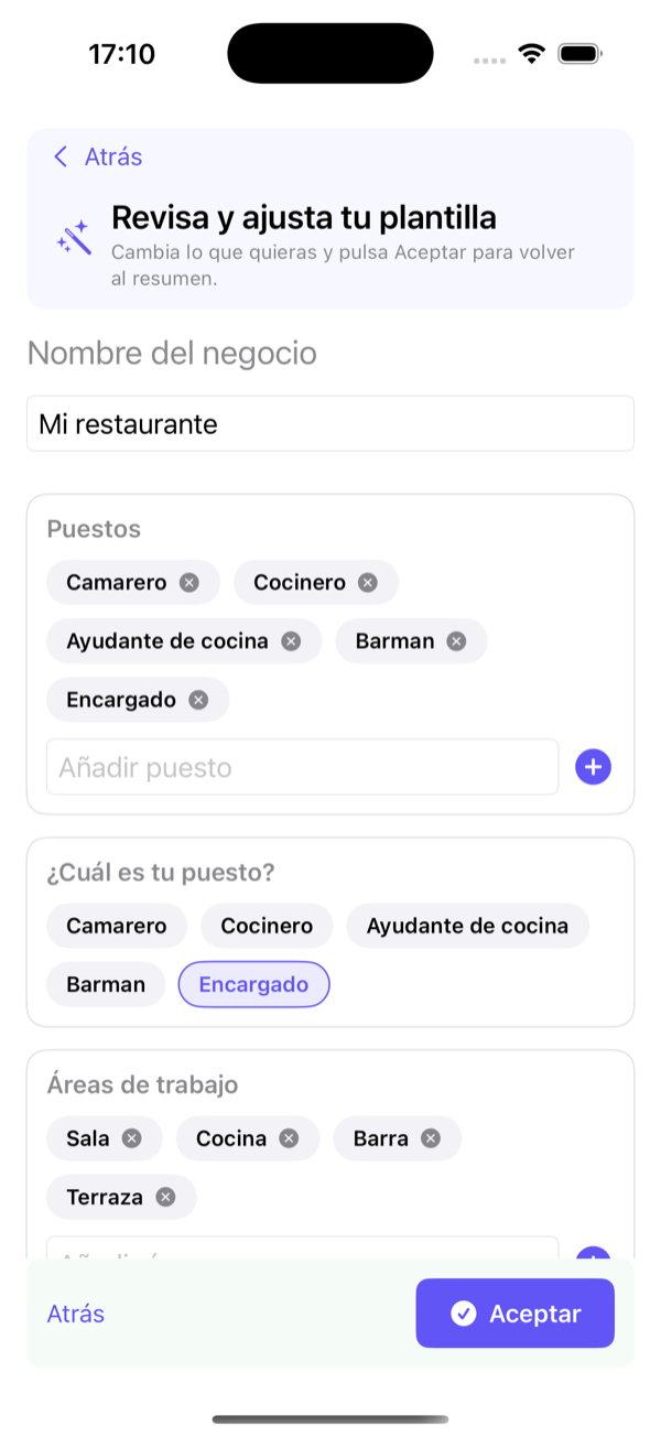 Pulsa Editar para añadir o quitar puestos, áreas y turnos.