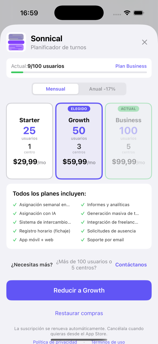 Planes Starter, Growth y Business, mensual o anual.