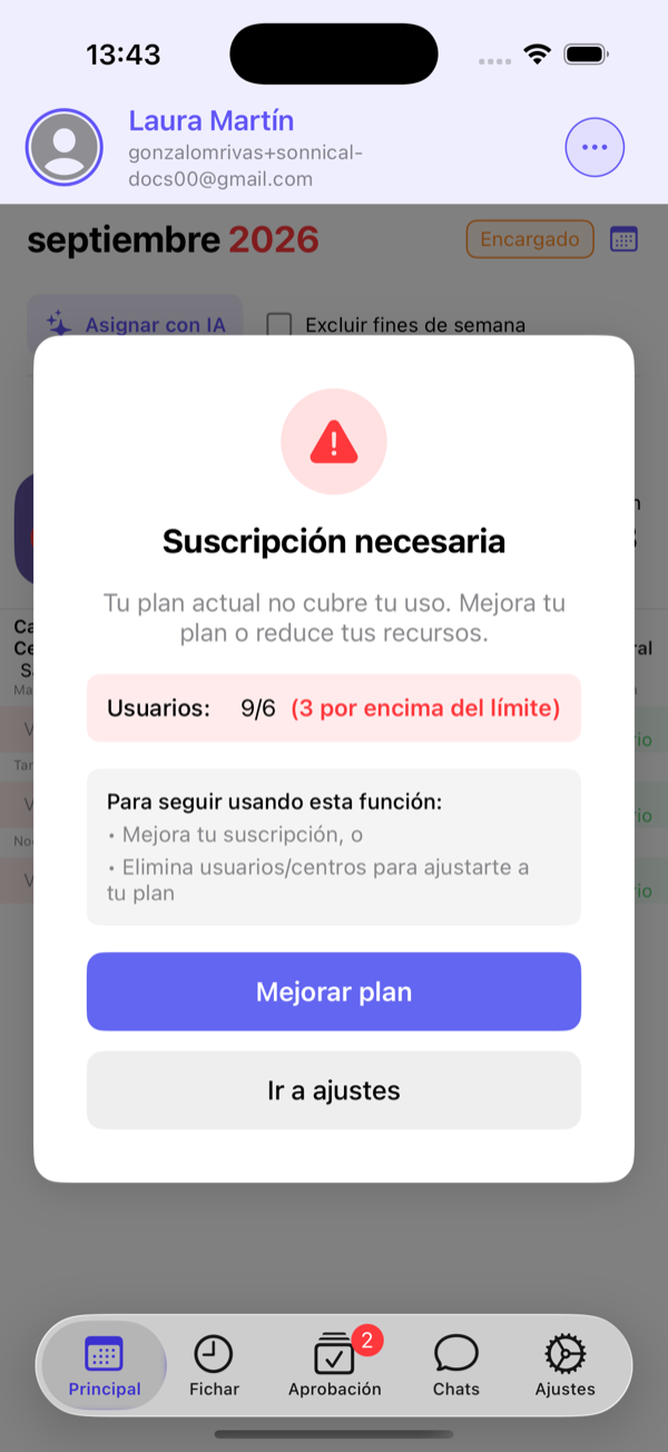 Aviso cuando el plan actual no cubre el número de usuarios.