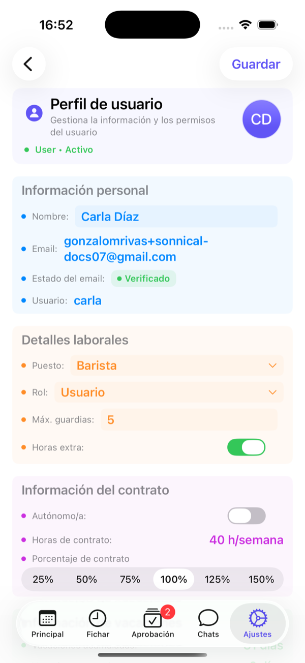 Perfil editable de un empleado.