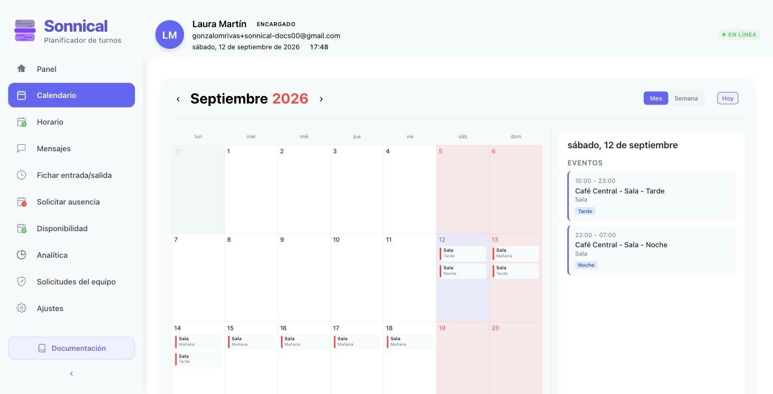 Calendario web con panel lateral del día seleccionado.
